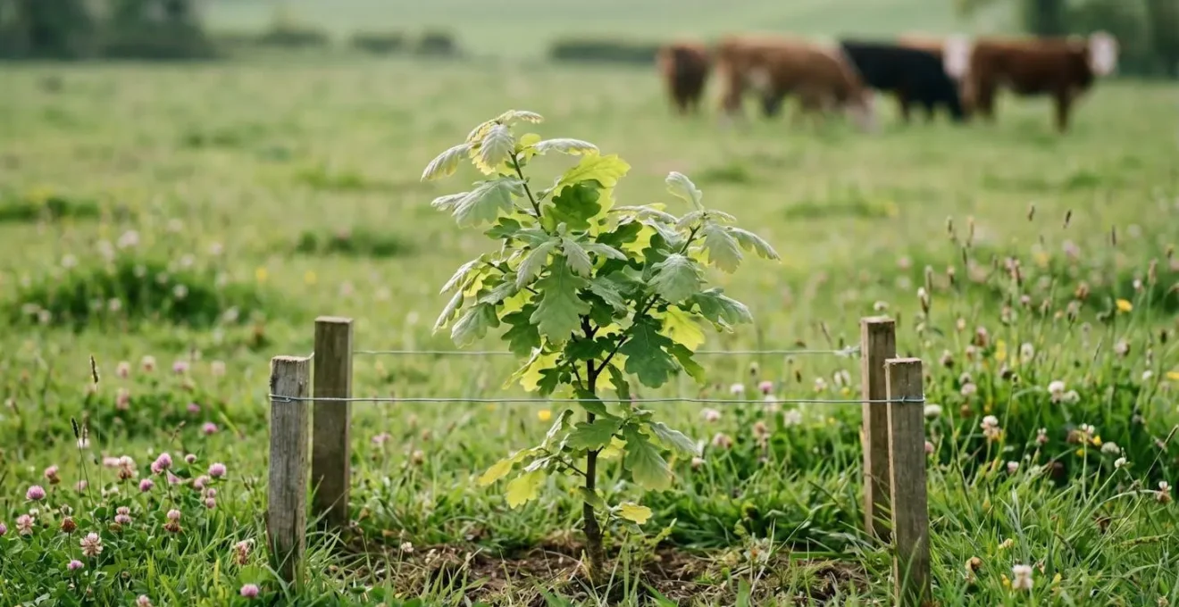 Young oak saplings protected by temporary electric fencing in UK grazed pasture silvopasture system
