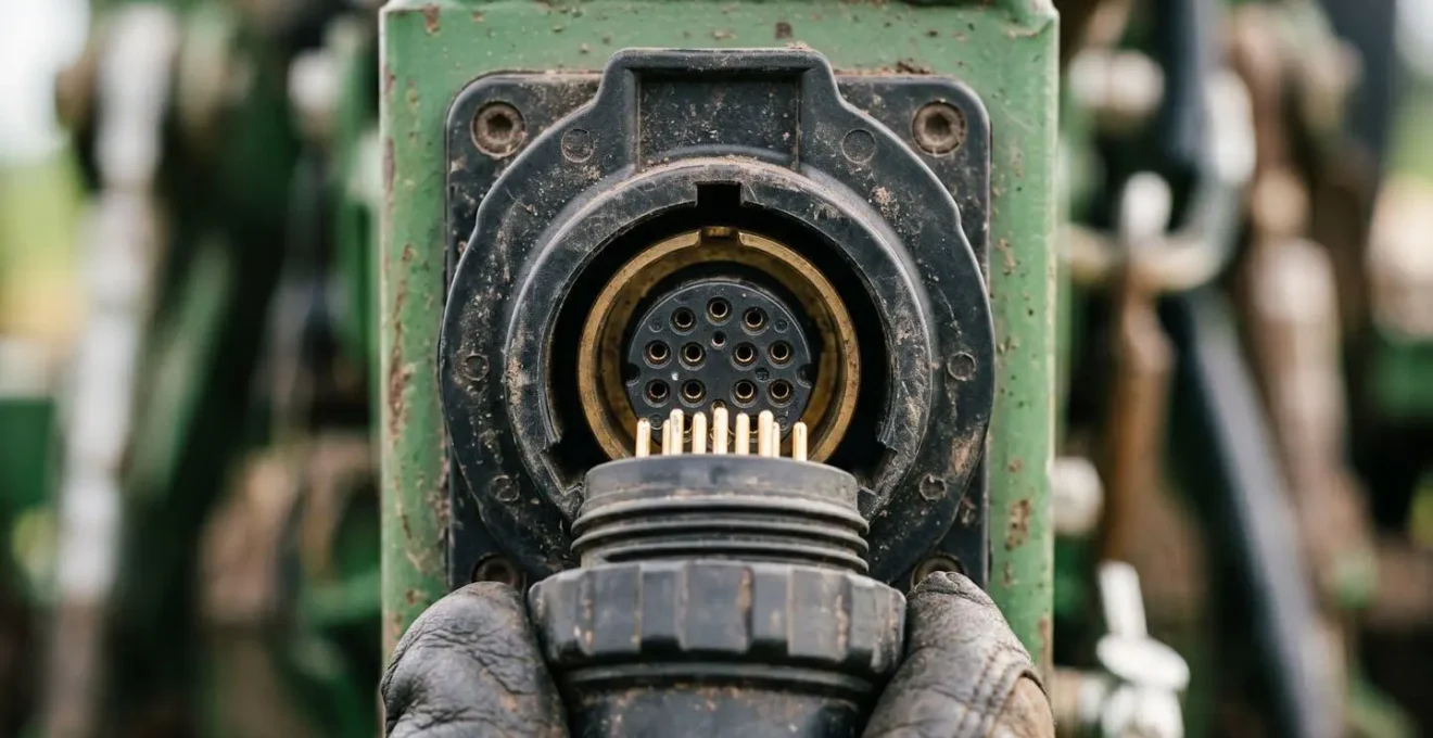 Tractor implement connection showing ISOBUS standardized interface components