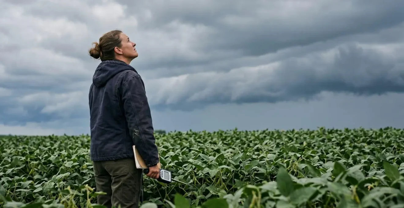 Moody agricultural landscape under overcast sky showing the challenge of optical monitoring during cloudy periods