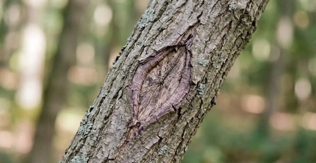 Close-up examination of ash tree bark showing early dieback symptoms with natural woodland background