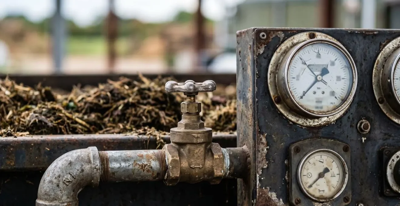 Close-up view of biogas digester control instrumentation and feedstock loading equipment