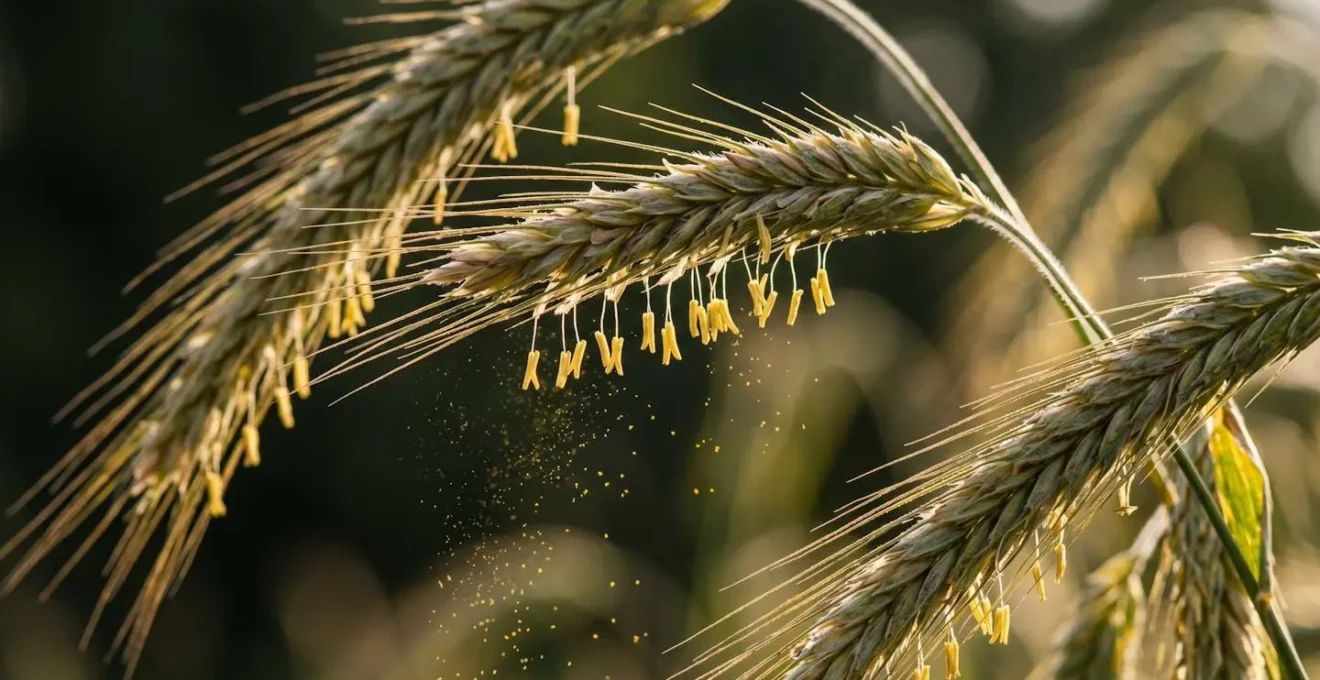 Close-up of cereal rye at anthesis flowering stage showing yellow pollen shedding from anthers