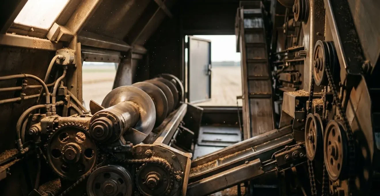 Detailed view of combine harvester internal mechanisms showing grain elevator and separation system during maintenance cleaning