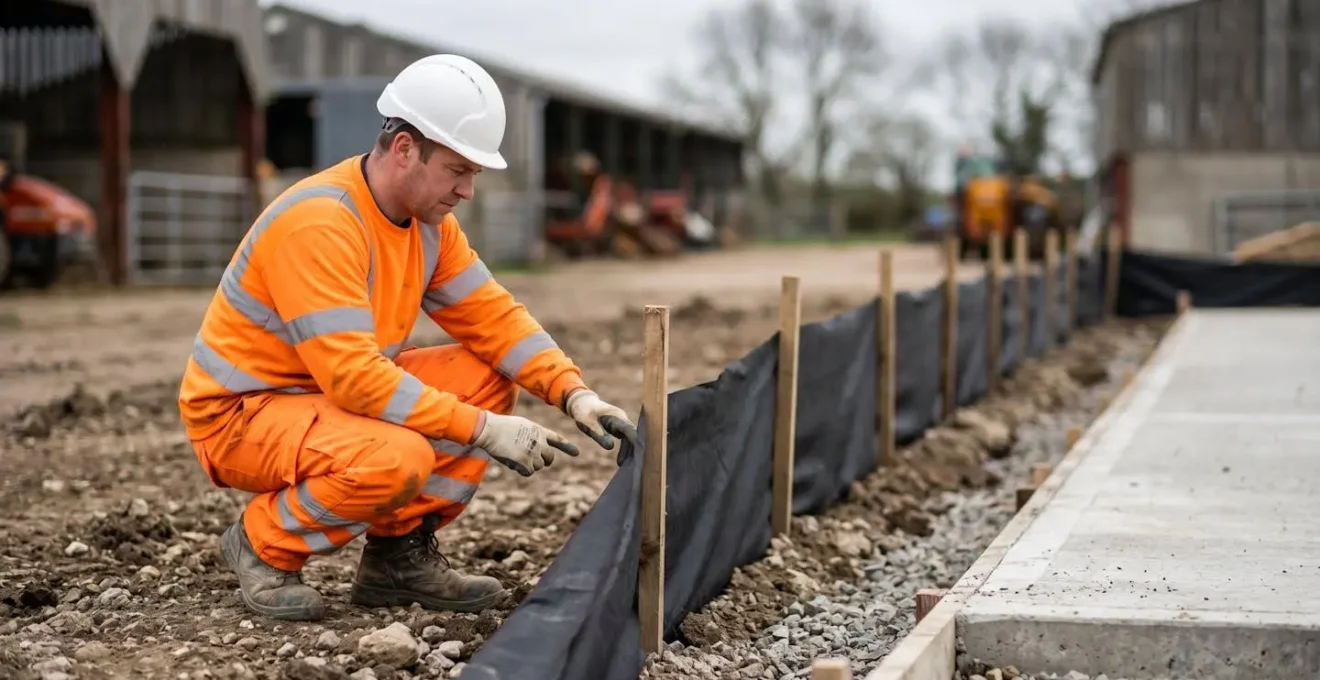 Temporary construction site drainage system protecting watercourse during farmyard concrete work
