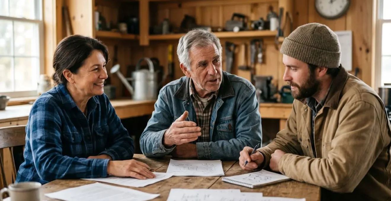 Farmers collaborating on shared agricultural equipment management in cooperative setting