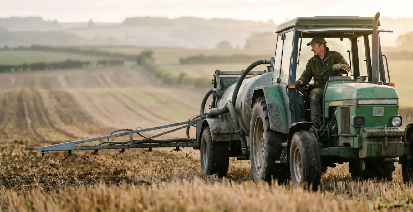 Agricultural digestate application equipment distributing organic fertilizer across crop field