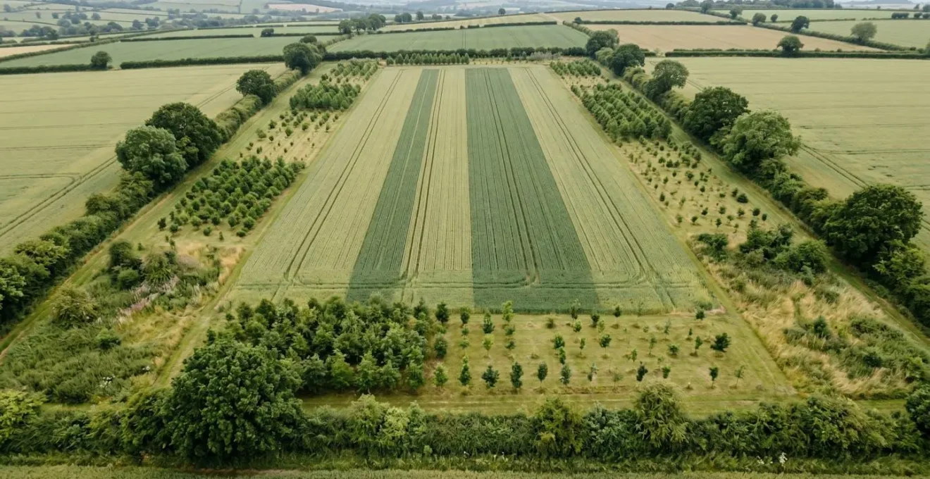 Aerial perspective view of agricultural field showing distinct management zones for crop production and tree establishment areas