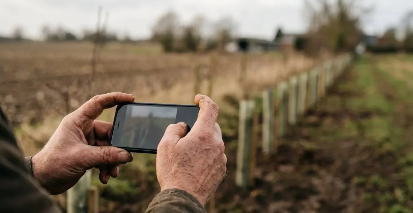 Farmer's hands holding mobile device photographing newly planted hedgerow for grant compliance documentation
