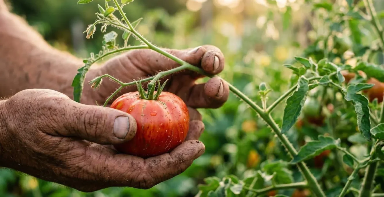 Close-up of farmer's weathered hands carefully harvesting fresh vegetables from soil
