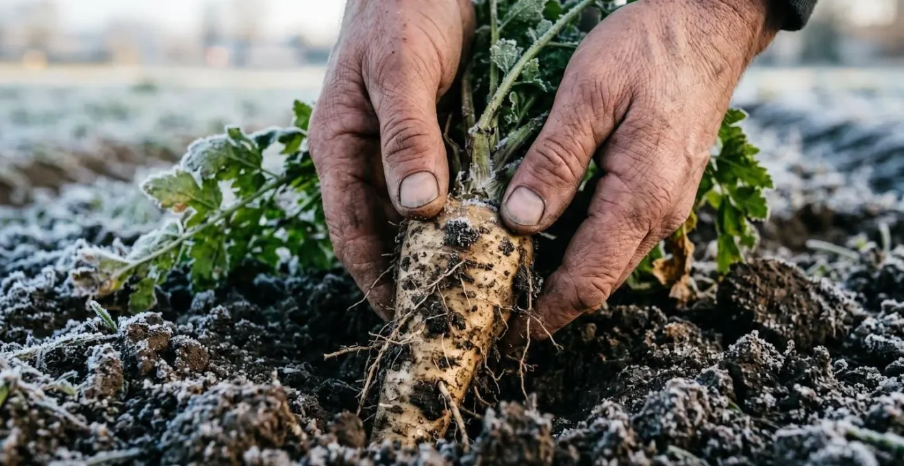 Farmer's weathered hands carefully harvesting fresh root vegetables from winter soil