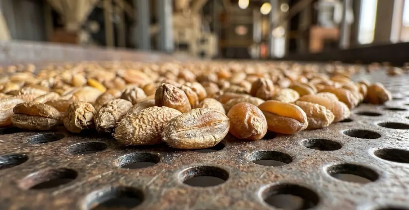 Close-up view of grain wheat kernels showing moisture content variation with technical measurement context