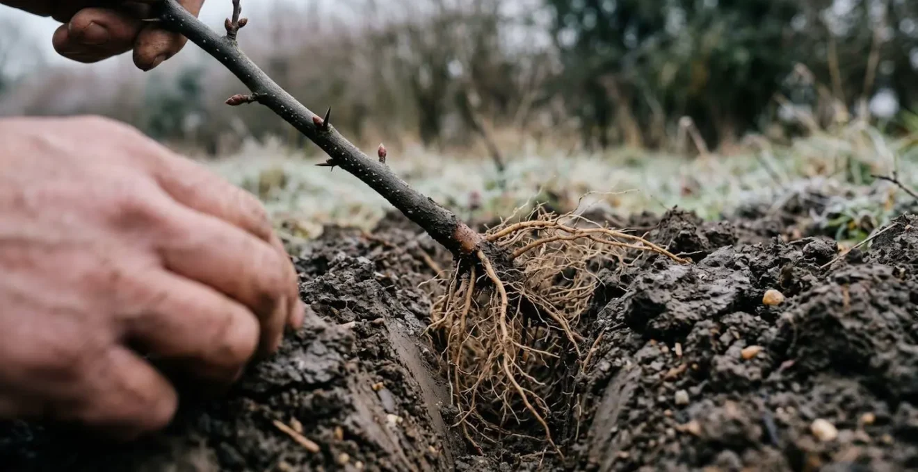 Close-up of bare-root hedge whips being planted in prepared heavy clay soil showing root structure