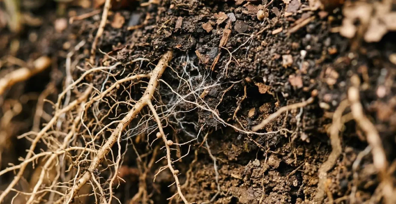 Close-up macro view of hedgerow root structure and soil mycorrhizal networks storing carbon