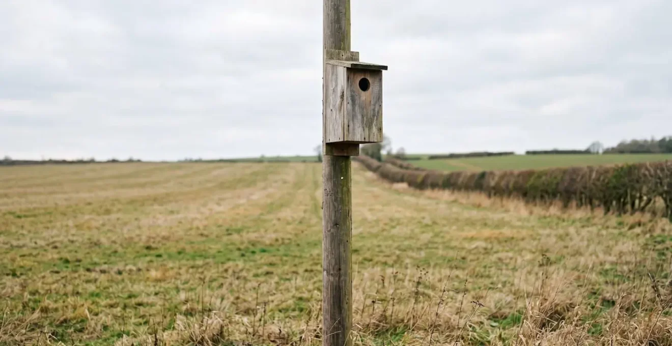 Isolated barn owl nest box mounted on weathered wooden pole in quiet agricultural landscape with clear flight path