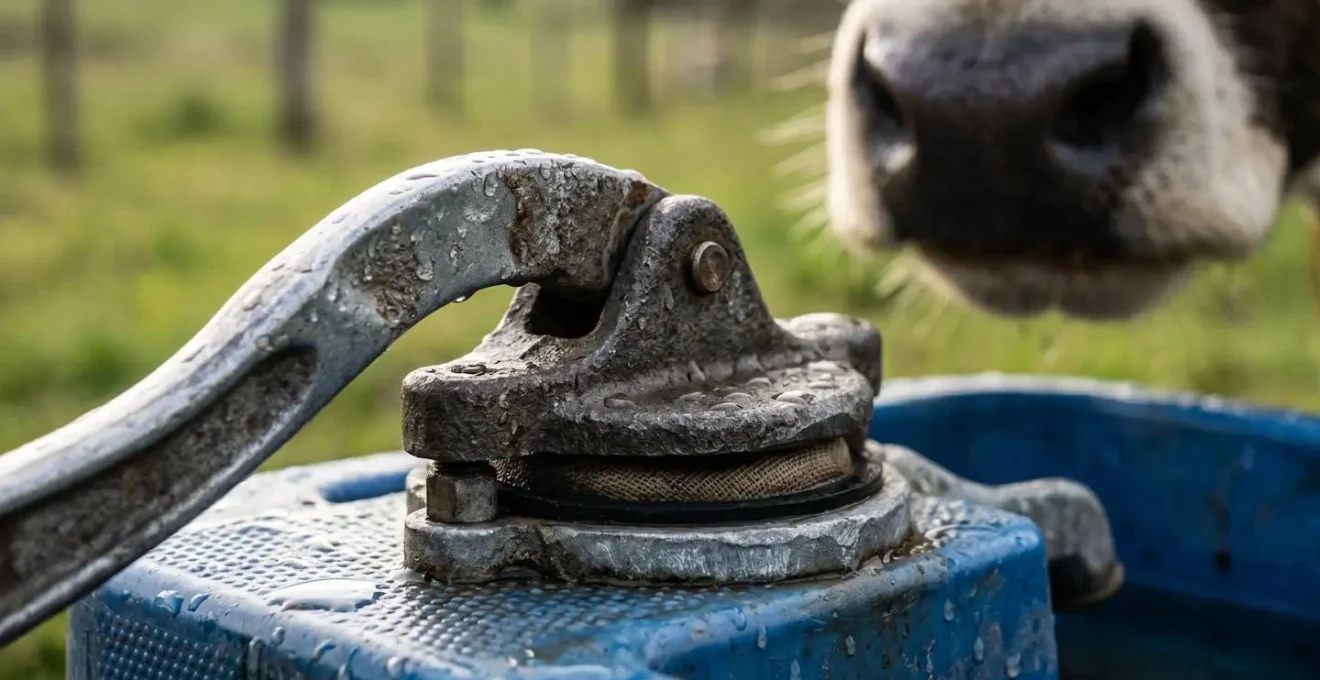 Close-up of a nose-operated pasture pump mechanism with cattle drinking from a trough.