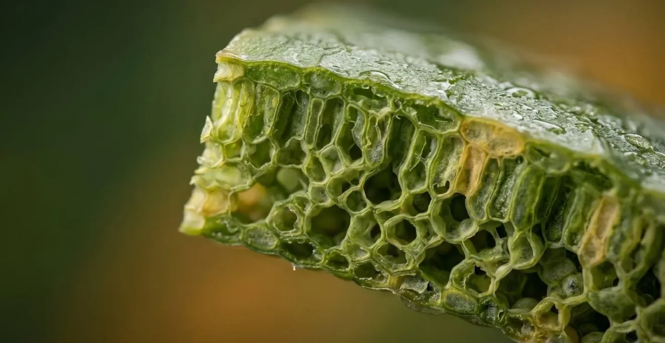 Macro close-up of plant leaf internal structure showing mesophyll cells responding to stress at microscopic level