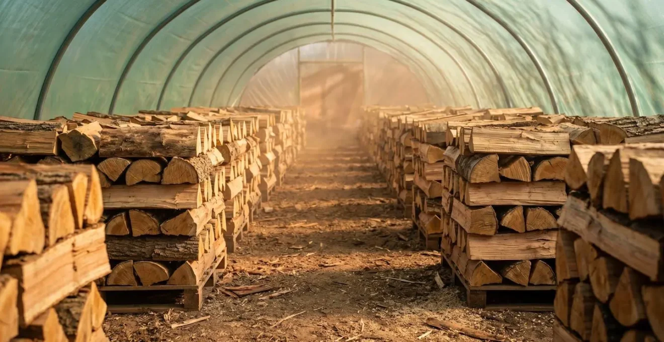 Wide-angle view of polytunnel interior showing systematic firewood stacking with optimized airflow channels