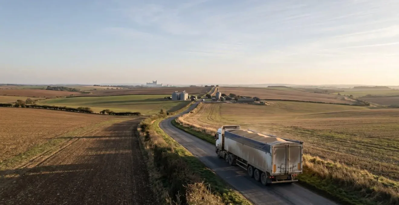 Wide perspective of agricultural grain delivery route showing strategic transport planning