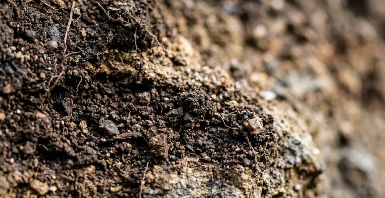 Close-up macro photograph of soil layers showing temporal carbon variation through textural detail and natural stratification