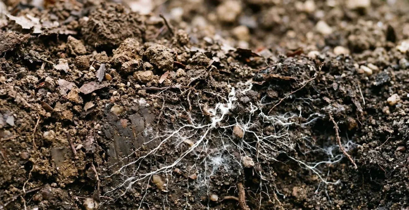 Macro close-up of soil layers showing intact fungal hyphae networks in deeper soil beneath shallow cultivation zone