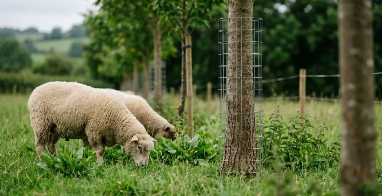 Close-up of sheep grazing vegetation between young tree trunks in agroforestry tree strip with electric fencing visible