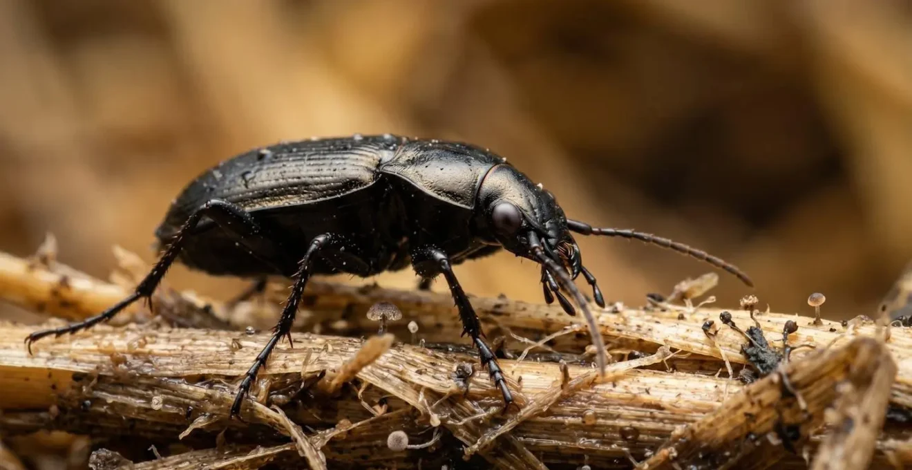 Macro close-up photograph of carabid ground beetle on decomposing crop residue showing natural pest control in no-till system