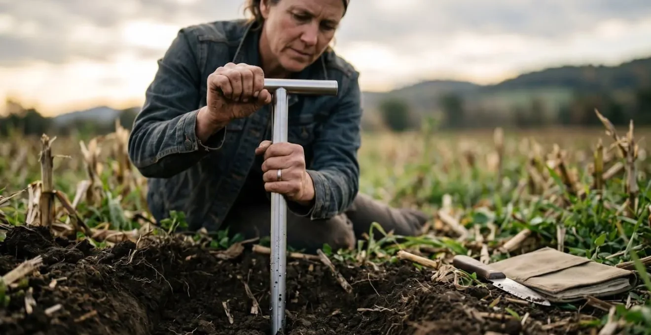 Farmer using penetrometer to diagnose soil compaction depth in no-till field showing diagnostic approach before remediation
