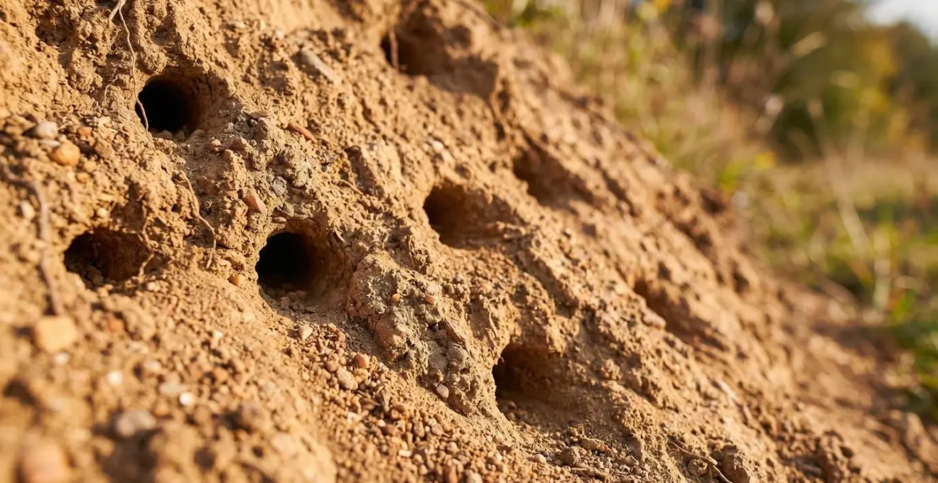 South-facing bare soil bank with visible nesting tunnels for ground-nesting solitary bees on farm edge