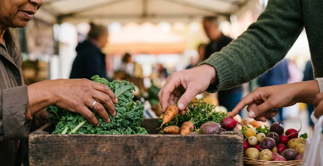 Hands selecting produce items from farm market display representing customer choice
