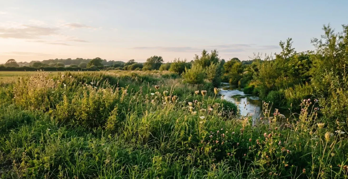 A wide-angle view showing a layered vegetation buffer between cropland and a stream, with distinct zones.