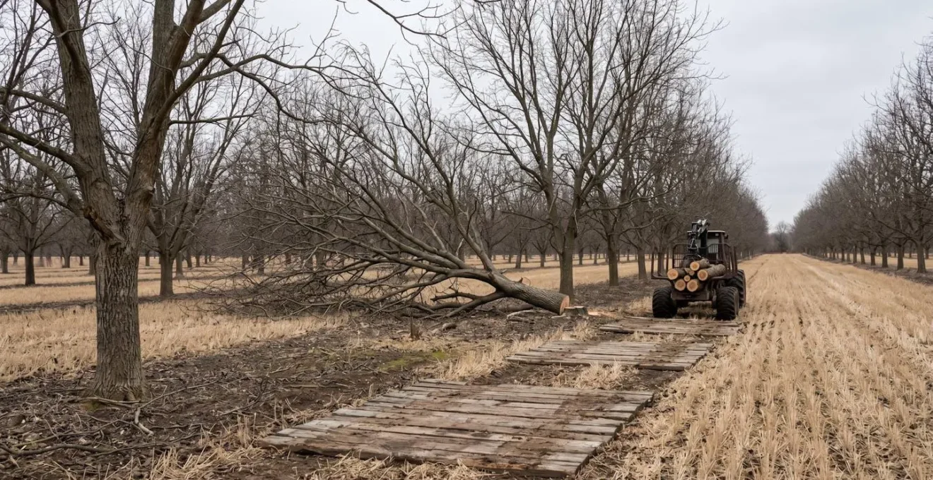 Environmental wide-angle shot of selective timber harvesting operation in mature alley cropping system showing minimal soil disturbance