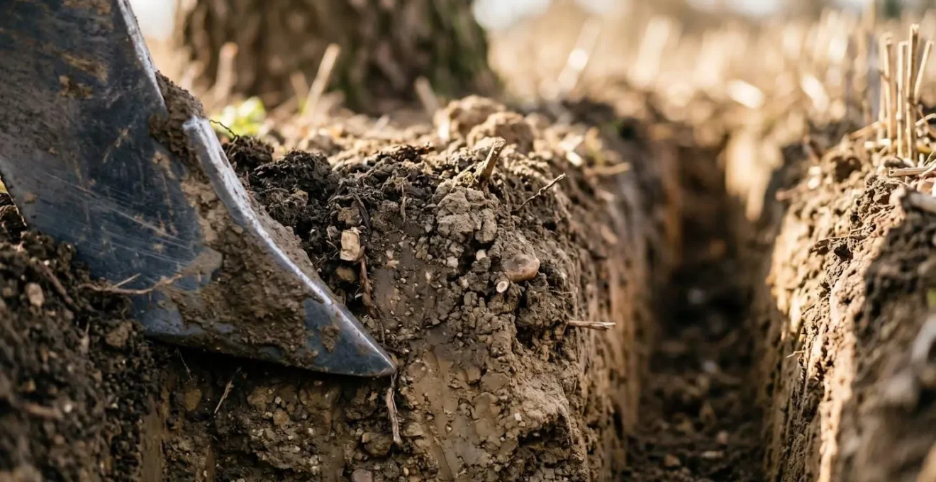 Close-up view of specialized root pruning blade cutting through soil near tree base in agricultural field