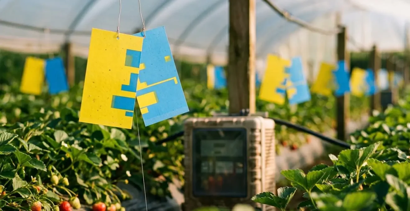 Monitoring sticky cards showing thrips population trend data in polytunnel pest management system