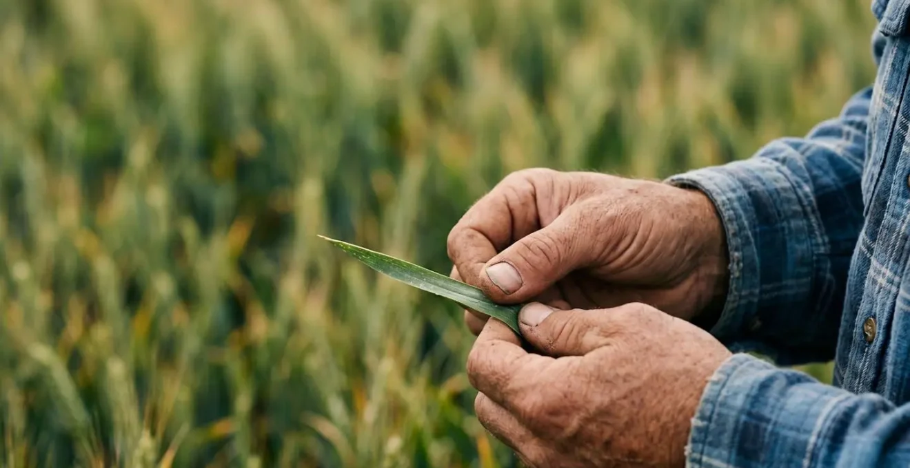 Farmer hand examining wheat flag leaf for disease symptoms in field setting