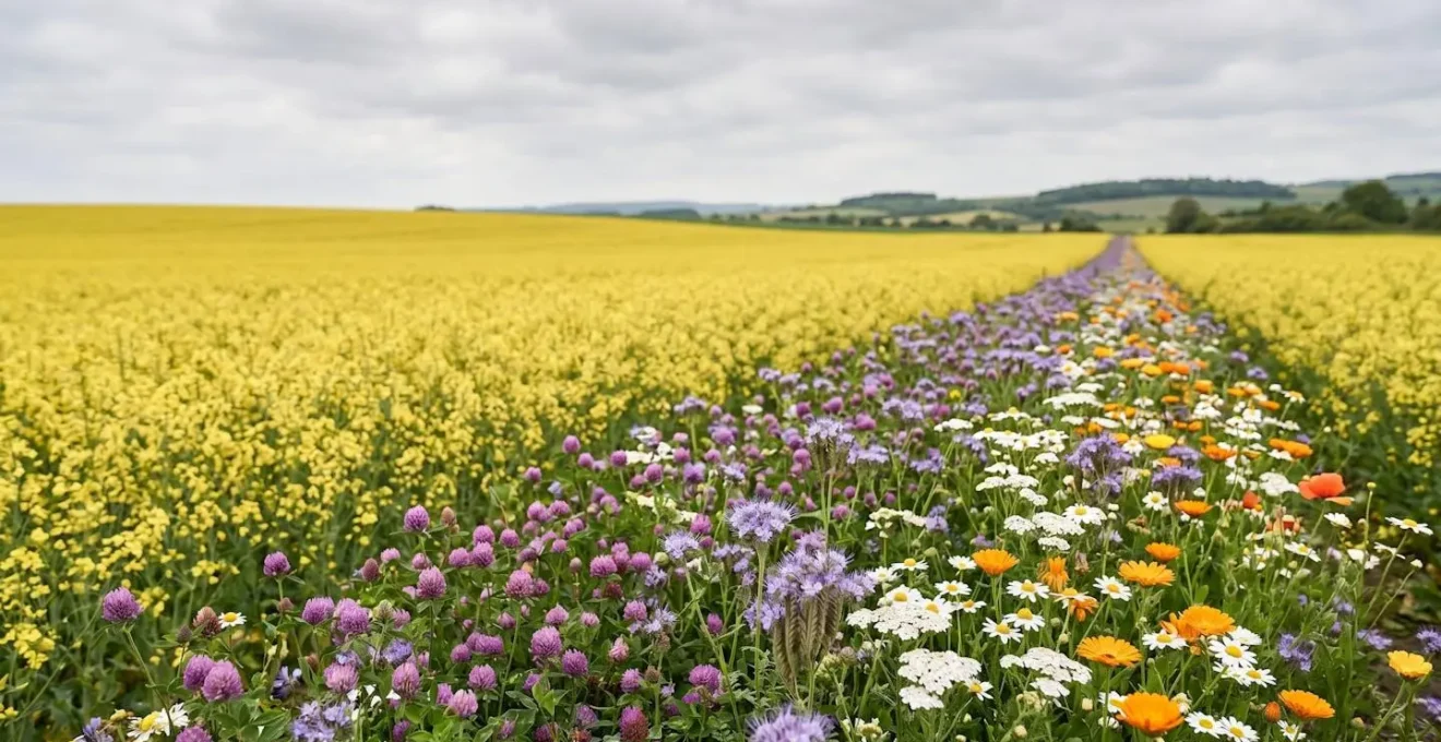 Colorful wildflower strip planted along the edge of yellow oilseed rape field creating pollinator corridor